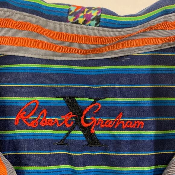 Robert Graham Shirt Mens L Large Navy Multi Cotton Flip Cuff Striped Button Up - Picture 6 of 11